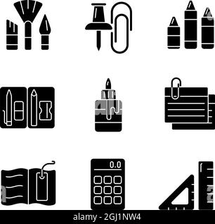 School essential equipment black glyph icons set on white space Stock Vector