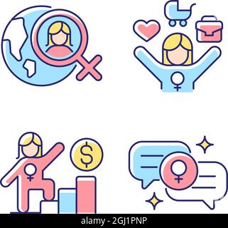 Mainstream feminism RGB color icons set Stock Vector