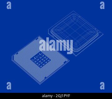 3D model of computer processor (CPU) with visible wire-frame, isolated ...