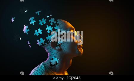 Profile, side view of young man's head made of flying pieces of puzzle, modern art collage. Concept of diversity, mental health, emotion, inner world Stock Photo