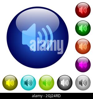 Volume solid icons on round glass buttons in multiple colors. Arranged layer structure Stock Vector