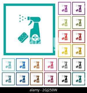 Disinfection spray and sponge flat color icons with quadrant frames on white background Stock Vector