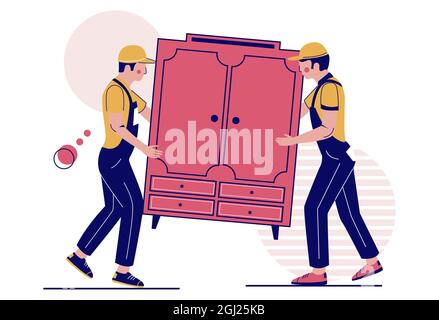 Two movers carrying closet, vector illustration. Relocation. Moving company service. Furniture delivery. Stock Vector