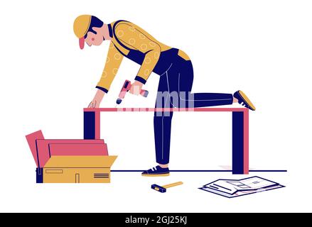 Furniture assembly. Handyman, furniture collector assembling closet, cupboard using hand drill tool, vector illustration Stock Vector