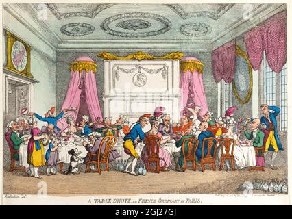 A Table d’Hote or French Ordinary in Paris 1810 Artist: Thomas Rowlandson (1756-1827) an English artist and caricaturist of the Georgian Era. A social observer, he was a prolific artist and print maker.  Credit: Thomas Rowlandson/Alamy Stock Photo