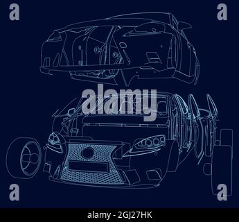The contour of a disassembled car from blue lines on a dark background. The car body is disassembled into parts. Vector illustration. Stock Vector