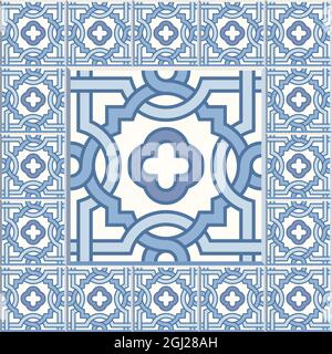 Floor tiles - seamless vintage pattern with cement tiles. Seamless vector background. Vector illustration. One big tile in center is framed in small t Stock Vector