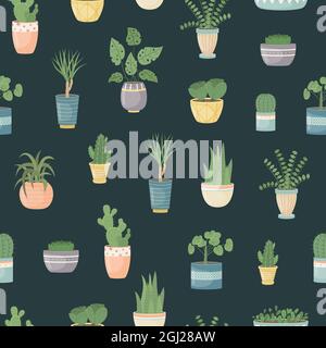 The seamless pattern with house plants in pots. Planting plants. Decorative plants in the interior of the house. Flat style. Stock Vector