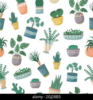 The seamless pattern with house plants in pots. Planting plants. Decorative plants in the interior of the house. Flat style. Stock Vector