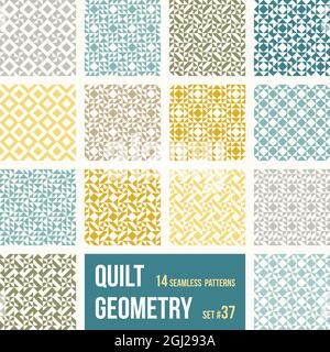 Set of 14 tiles with geometric patterns. Collection of different abstract patterns, number 37. Simple retro colors - easy to recolor. Seamless vector Stock Vector