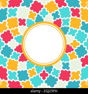 Round frame with Multicolor Quatrefoil pattern. Colorful quatrefoil shapes, bright colors - red, turquoise, yellow. Holiday vector background. Stock Vector