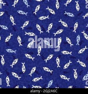 Vector indigo blue abstract shibori tie dye abstract scattered fish polka dot seamless pattern. Perfect for fabric, wrapping paper and wallpaper Stock Vector