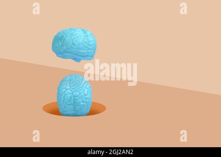 Minimal scene with  a blue human brains falling into a hole in the floor. abstract idea in concept of modern diagnostics and Artificial intelligence. Stock Photo