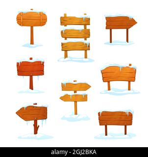 Winter wooden signs, cartoon signboards with snow and icicles, boards on wood poles. Vector arrows or road pointers. Blank vintage plank panels for ui Stock Vector