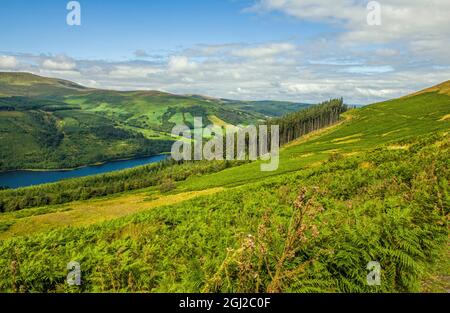 Looking down onto the Talybont Valley in the Brecon Beacons National Park showing the surrounding hills and the Talybont Reservoir Stock Photo