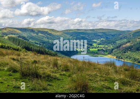 A view down onto the Talybont Reservoir and valley  in the Brecon Beacons in august Stock Photo