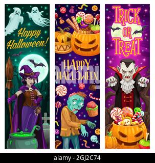 Happy Halloween trick or tread banners with monsters and sweets. Witch with broom, zombie and dracula vampire characters, pumpkin filled with candies Stock Vector
