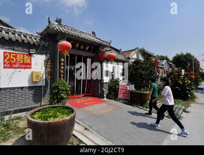 (210908) -- TIANJIN, Sept. 8, 2021 (Xinhua) -- Tourists walk in a farmyard in Xiaoxinmatou Village of Baodi District in Tianjin, north China, Sept. 2, 2021. Li Chao is a post-90s born in Xiaoxinmatou Village in Baodi District. Located by the Chaobai River, the village used to witness an outflow of young people, as villagers made a living by traditional fishing and farming with low income. Like his young fellows, Li chose to be a migrant worker in the city for higher income. Waiter, chef, assembly line worker, security guard and salesman.the diligent man tried his hand at a variety of jo Stock Photo