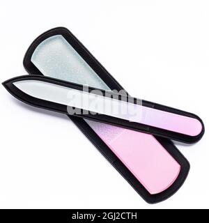 pink glass nail files on white background Stock Photo