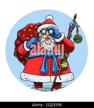 Funny Santa Claus with binoculars. Happy New Year. Christmas illustration. Stock Photo