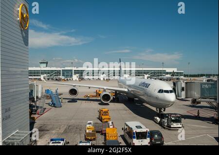 06.06.2016, Munich, Bavaria, Germany, Europe - Lufthansa Airbus A340-600 passenger jet is parked at Lufthansa Terminal 2 Munich International Airport. Stock Photo