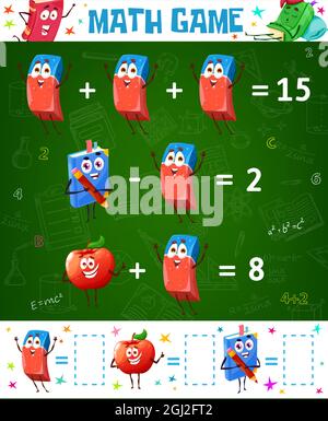 Math game worksheet, cartoon eraser, red apple and school textbook, vector education maze. Kids activity puzzle for addition and subtraction learning, Stock Vector