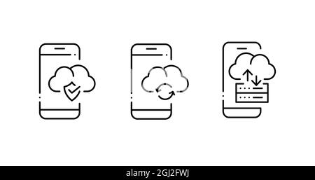 Cloud storage mobile device icons. Security, servers and synchronization. Pixel perfect, editable stroke Stock Vector