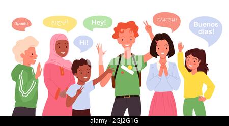 Cartoon group of multicultural multiethnic girl boy child characters standing, cute students waving hand background. Children greeting, school kids Stock Vector