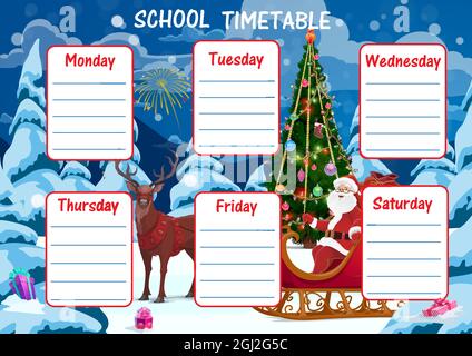 Education school timetable vector template with cartoon Santa Claus sit in sledge with reindeer near Christmas tree. Kids time table with xmas charact Stock Vector