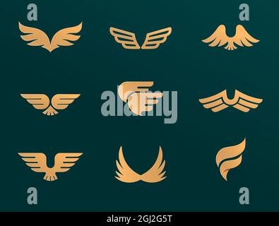 Collection of gold wings logos, icons and symbols. Fast delivery, motion and speed concept. Stock Vector