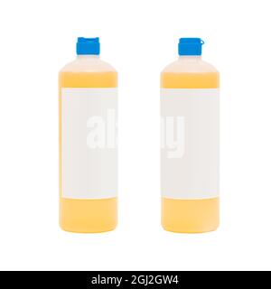Plastic bottles with white label on white background Stock Photo