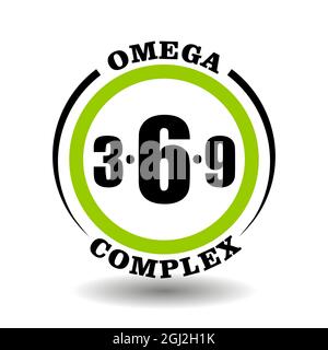 Circle vector icon Omega complex for package product signs contain 3, 6, 9 omega ingredient in healthy food pictogram logo with fish oil symbol Stock Vector