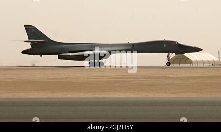 A B1-B Lancer Bomber prepares to take off and provide a show of force for coalition forces near Ad Diwaniyah.  Joint Terminal Attack Controller confirmed the show of force to be successful. Stock Photo