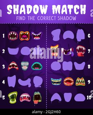 Kids game shadow match with monster mouths, children logic activity, preschool or kindergarten education with halloween creepy roar toothy maws. Carto Stock Vector