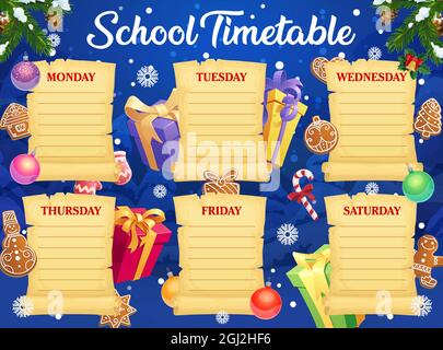Children Christmas holiday school timetable template. Child New year celebration planner, kids lessons weekly schedule. Wrapped gifts, sweets and toys Stock Vector