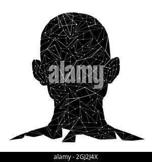 Human head made of futuristic polygonal lines and dots. Polygonal mosaic. Black image of a male head in full face isolated from white background. Vect Stock Vector