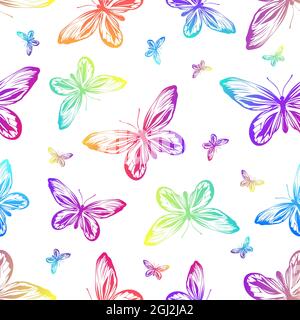 Seamless pattern with rainbow butterflies on a white background. Pattern for fabrics, wrapping paper. Vector image. Stock Vector