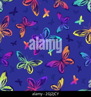 Seamless pattern with rainbow butterflies on a blue background. Pattern for fabrics, wrapping paper. Vector image. Stock Vector