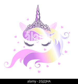 Cute unicorn face with closed eyes wearing a rainbow mane tiara. Vector image isolated on white background. Stock Vector
