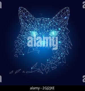 Cat head made of polygonal lines and dots. Polygonal mosaic. Blue cat head full face isolated from background. Vector illustration. Stock Vector