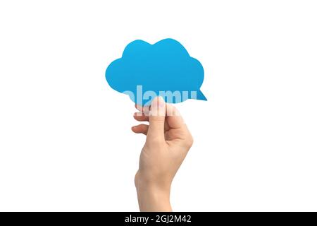 Hand with blank speech bubble in shape of cloud, blue color, isolated on white background Stock Photo