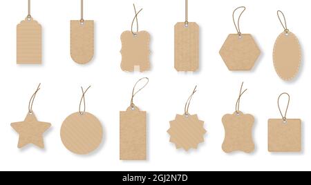 Paper price tags, luggage label with string, gift tag. Old vintage sale labels in various shapes. Promo advertising badge with rope vector set. Craft shopping tags of different forms for pricing Stock Vector