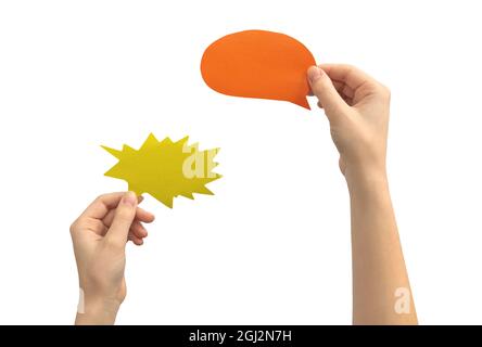 Set of colorful speech bubbles in hands, isolated on a white background Stock Photo