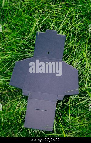 top view of black empty unfolded box for accessories or clothing tags on green grass in summer, with copy space Stock Photo