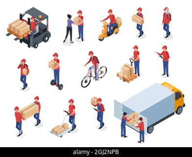 Isometric delivery men with boxes, warehouse workers, postmen. Couriers in uniform delivering packages on scooter, bike or cargo truck vector set. Employee carrying parcels from vehicles Stock Vector
