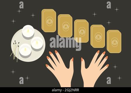 Divination by tarot cards, candles, star. Fortunetellers hands, manicure. Fortune telling table. Vector illustration Stock Vector