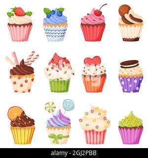 Cartoon cupcake with various toppings, delicious sweet desserts. Muffins or cupcakes with chocolate cream, fruits. Confectionery vector set decorated with lollipops, strawberry, blackberry Stock Vector