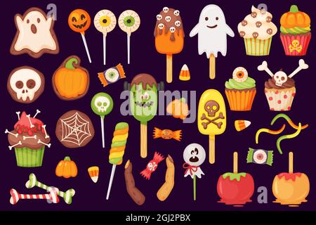 Cartoon halloween candies and sweets, lollipops and cupcakes. Caramel apple, pumpkin and ghost cookie. Autumn holiday sweet treats vector set. Funny horror monsters, eyeballs and fingers Stock Vector