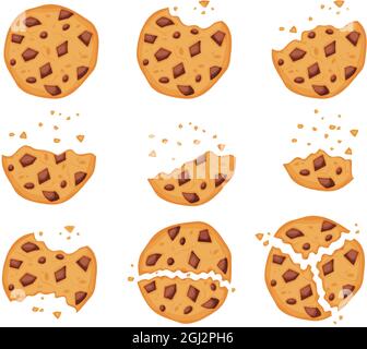 Crumbled oatmeal cookies with chocolate chips, bitten biscuit. Cartoon broken cookie pieces, sweet crisp biscuits with crumbs vector set. Choco homemade cracker snacks or treat for dessert Stock Vector
