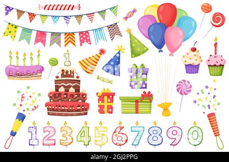 Cartoon birthday party decoration elements, cakes with candles. Colorful bunting flags, balloons, party hats, gift boxes, candies vector set. Festival colorful objects for celebration Stock Vector